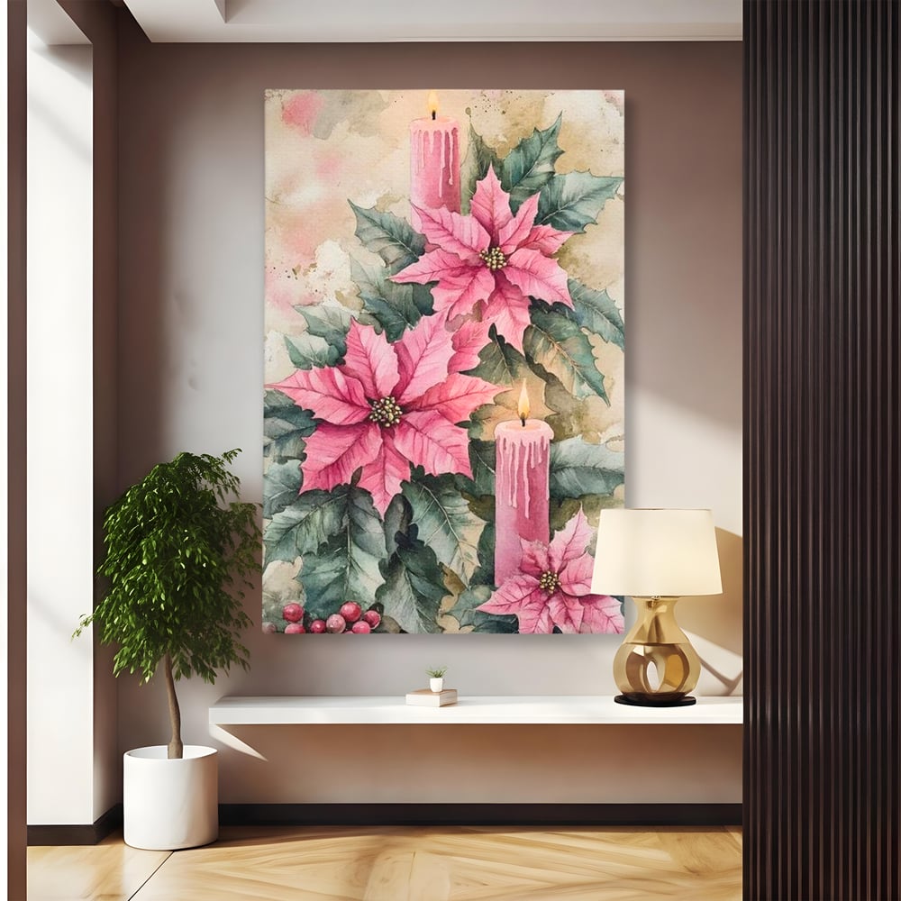 Tablou canvas cu tablou cu lumanari si flori poinsettia, fara rama, pe sasiu de lemn